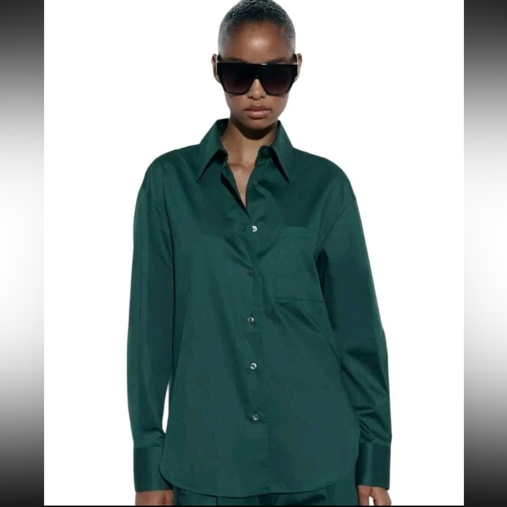 NWT ZARA POPLIN SHIRT WITH ASYMMETRICAL CUT GREEN SIZE M | 2246/335 BUTTON DOWN